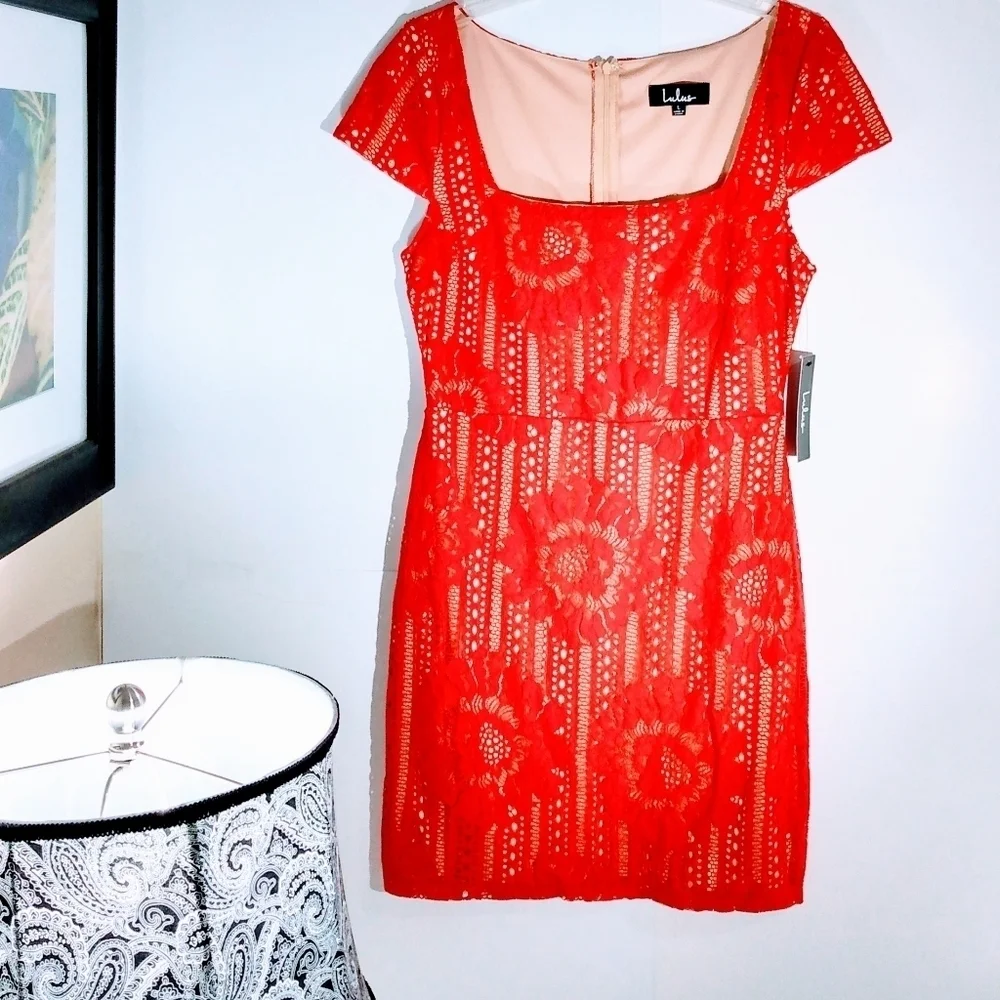 LULU'S LILIAN RED LACE MINI DRESS NWT SIZE LARGE - Picture 6 of 14